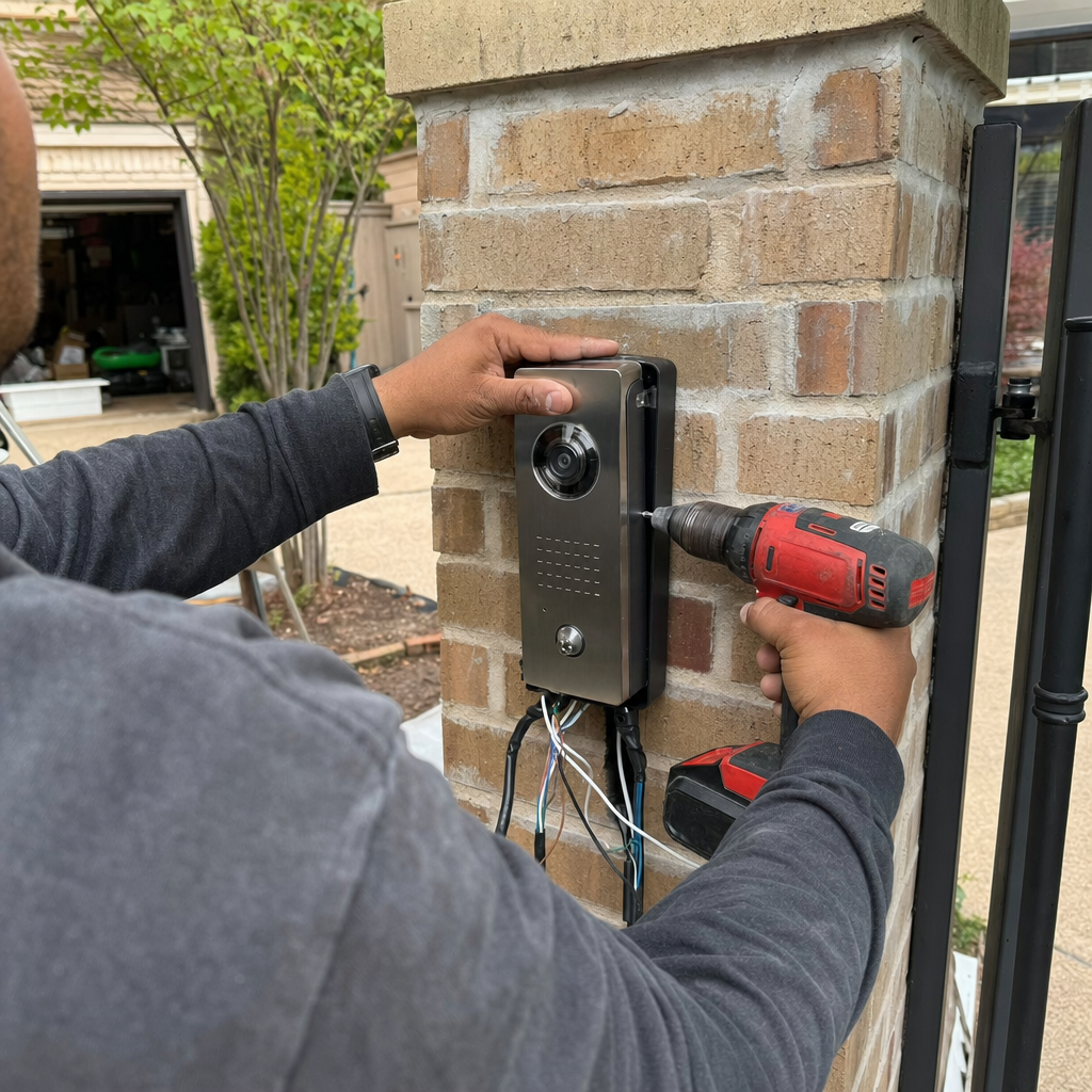 Gate access control installation by technician with drill in Dallas, TX
