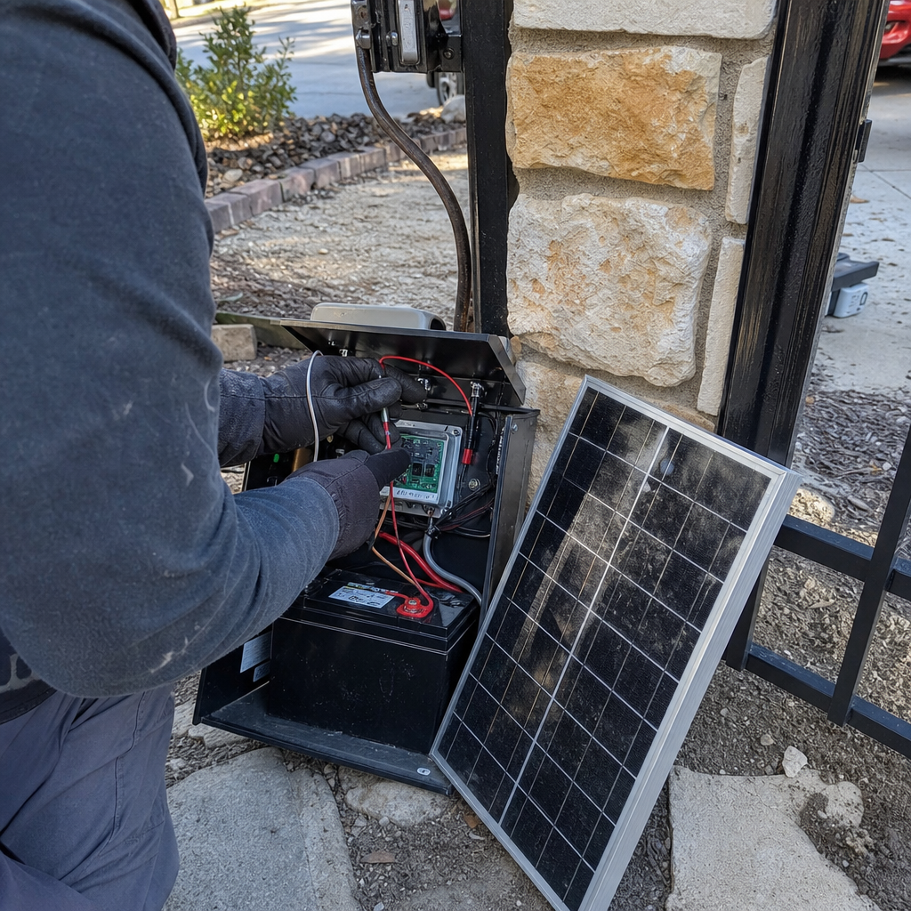 Gate access control system repair with solar panel in Dallas, TX