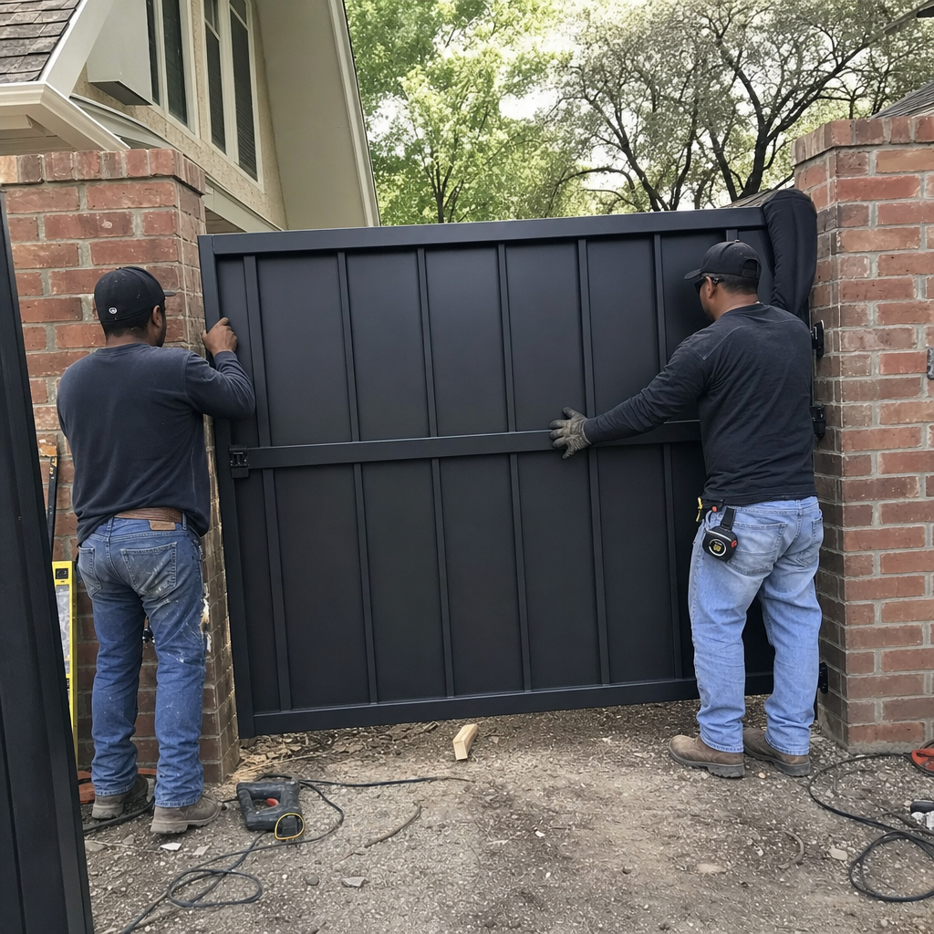 Workers installing a black metal gate between brick pillars.