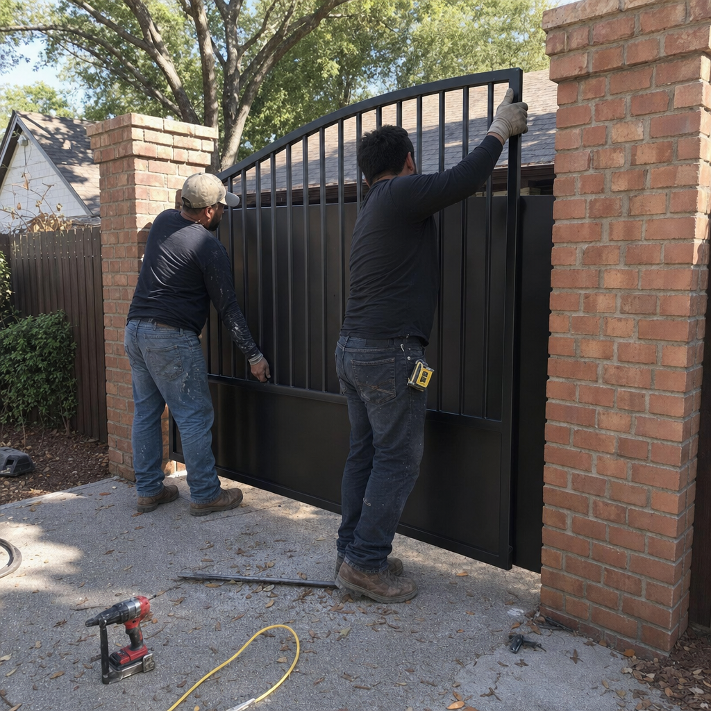 Men installing a black metal gate between brick pillars