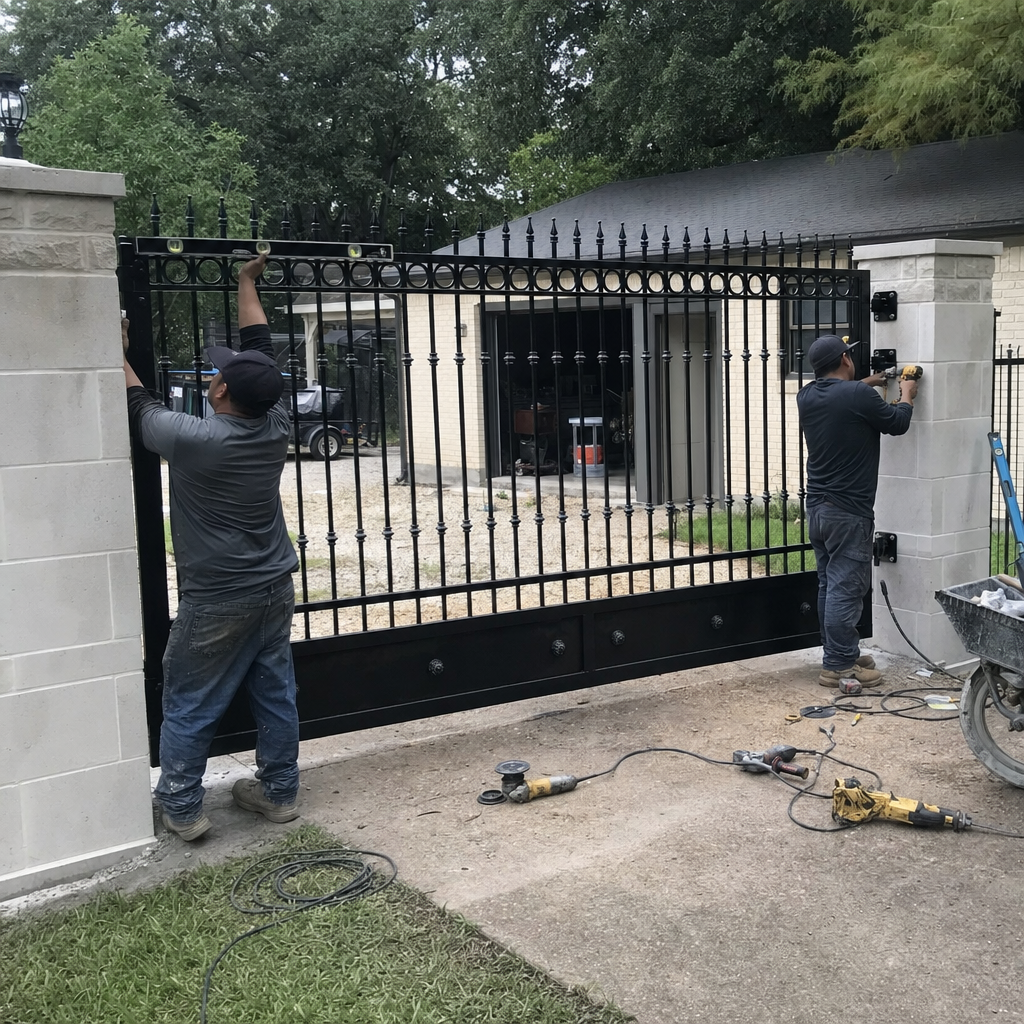Gate installation of a black metal gate on a stone pillar by a professional.