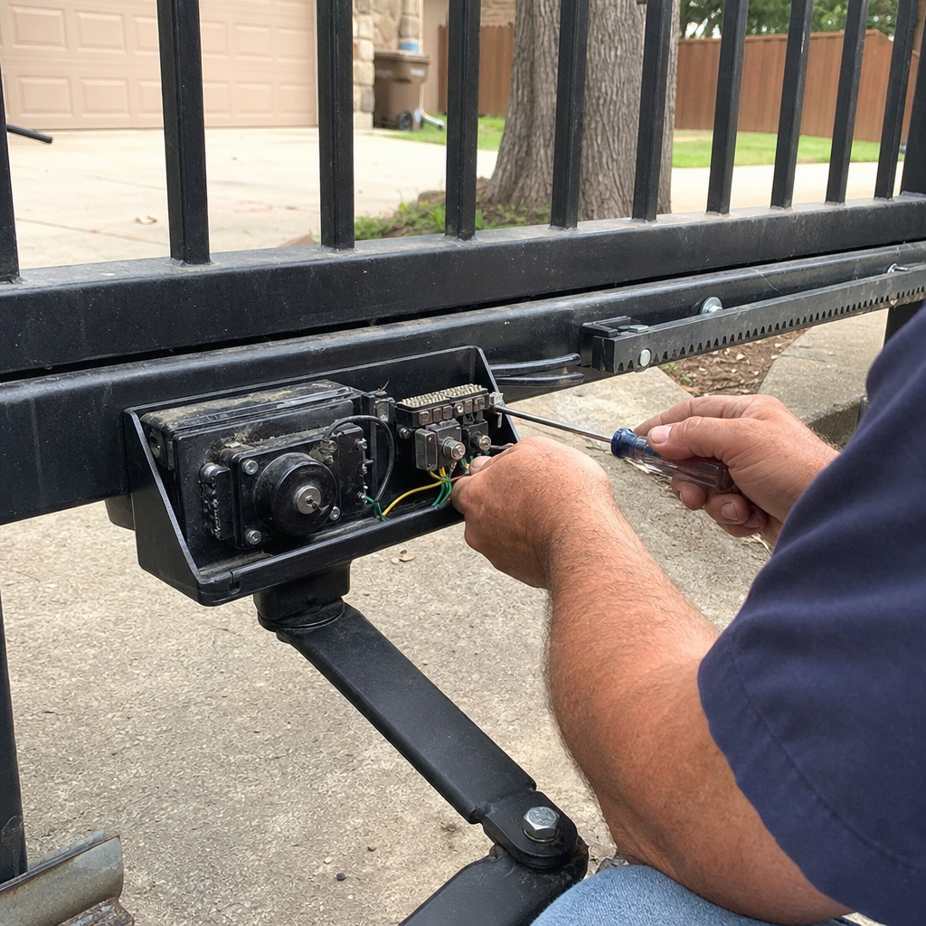 Gate motor and opener repair by technician with screwdriver
