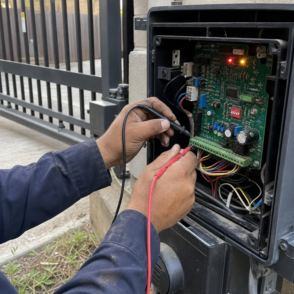 Gate motor and opener repair by technician with multimeter