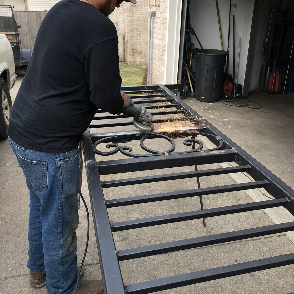 Gate parts and welding service with sparks from grinder. in Dallas, TX