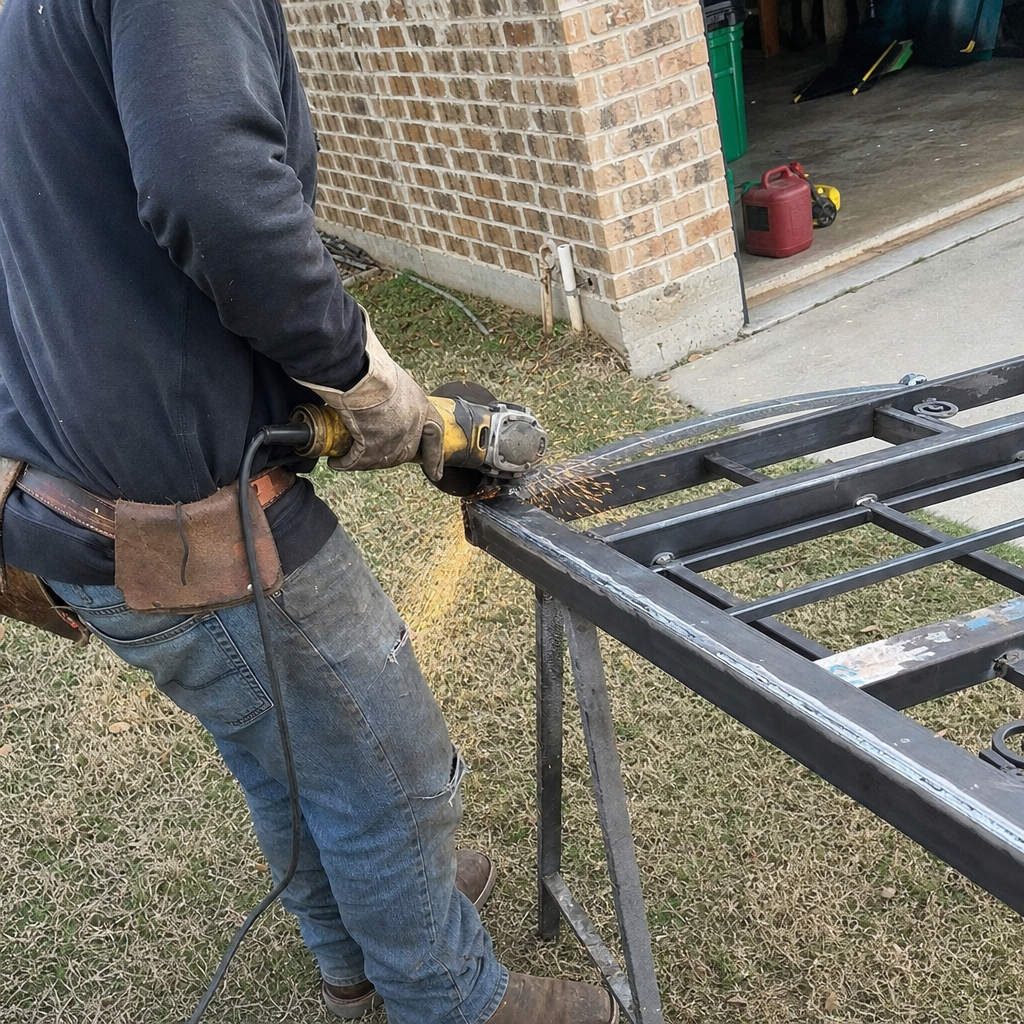 Welder grinding metal gate parts for gate repair and welding services. in Dallas, TX
