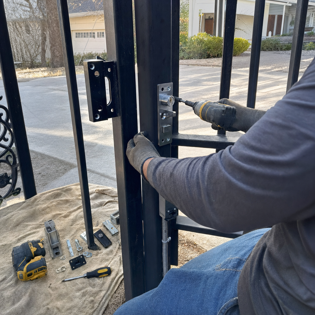 Gate repair technician installing a lock on a metal gate with a drill.