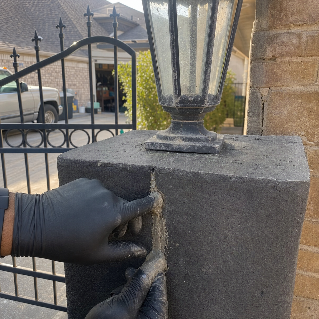 Gate post crack repair with sealant by gloved hand