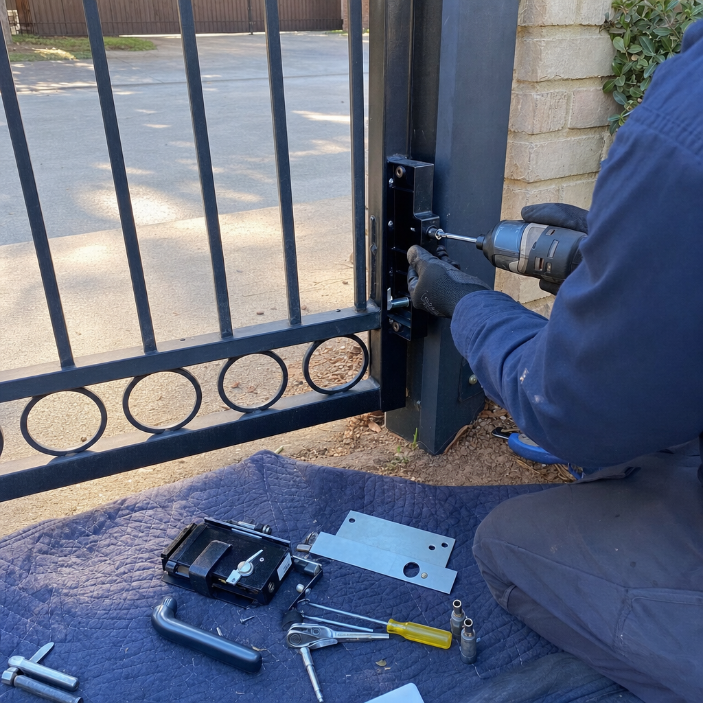 Gate repair technician installing new lock with drill